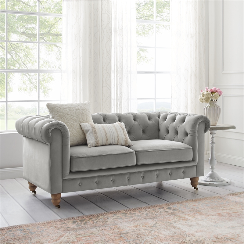 Londynn Loveseat Grey Velvet 71L x 33.5W x 30.3H Button Tufted Rolled Arm