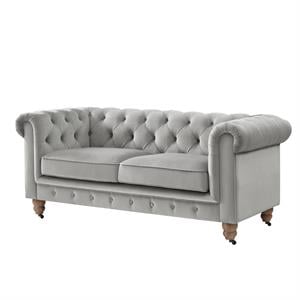 Londynn Loveseat Grey Velvet 71L x 33.5W x 30.3H Button Tufted Rolled Arm