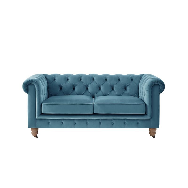 Londynn Loveseat Teal Velvet 71L x 33.5W x 30.3H Button Tufted Rolled Arm