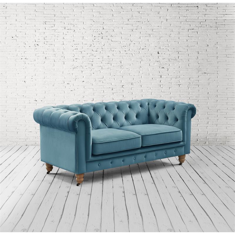 Londynn Loveseat Teal Velvet 71L x 33.5W x 30.3H Button Tufted Rolled Arm