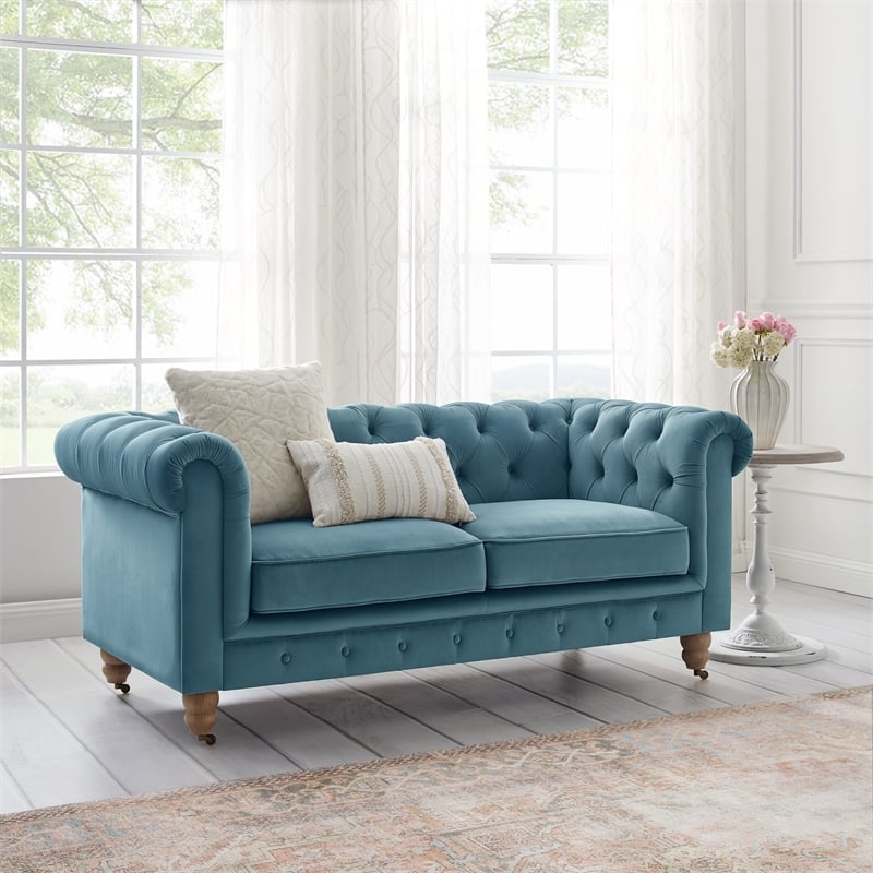 Londynn Loveseat Teal Velvet 71L x 33.5W x 30.3H Button Tufted Rolled Arm