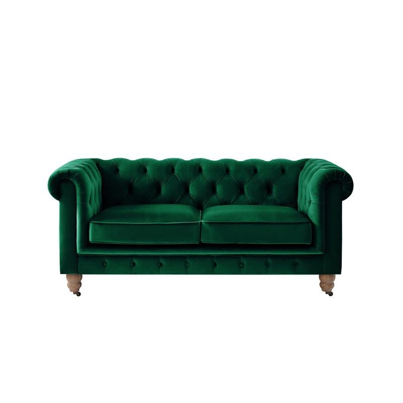 Londynn Loveseat Green Velvet 71L x 33.5W x 30.3H Button Tufted Rolled Arm