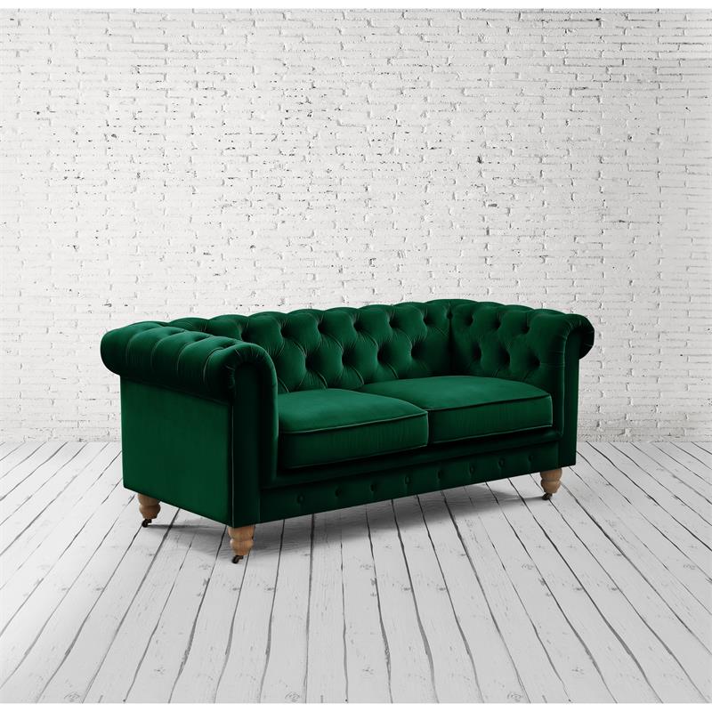 Londynn Loveseat Green Velvet 71L x 33.5W x 30.3H Button Tufted Rolled Arm