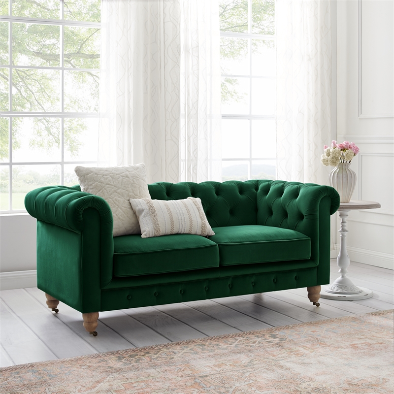 Londynn Loveseat Green Velvet 71L x 33.5W x 30.3H Button Tufted Rolled Arm