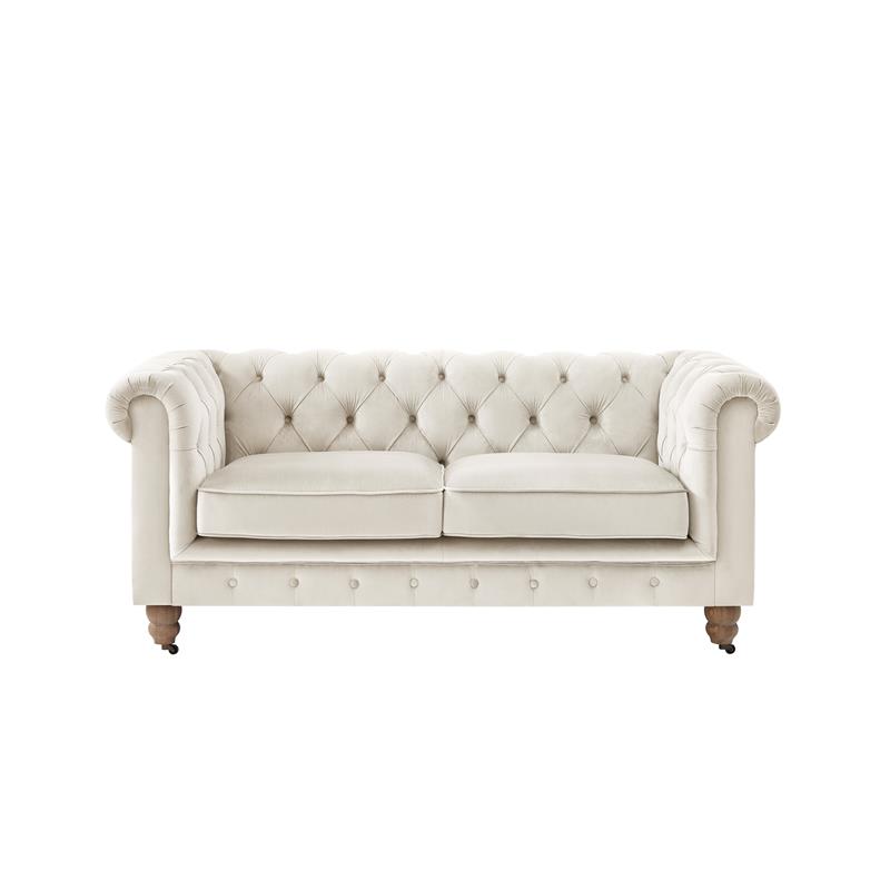 Londynn Loveseat Beige Velvet 71L x 33.5W x 30.3H Button Tufted Rolled Arm