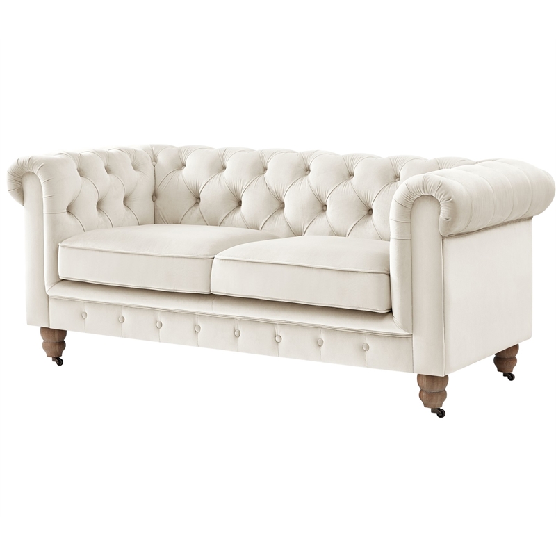 Londynn Loveseat Beige Velvet 71L x 33.5W x 30.3H Button Tufted Rolled Arm