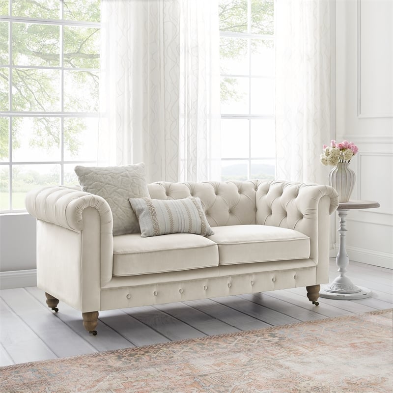Londynn Loveseat Beige Velvet 71L x 33.5W x 30.3H Button Tufted Rolled Arm