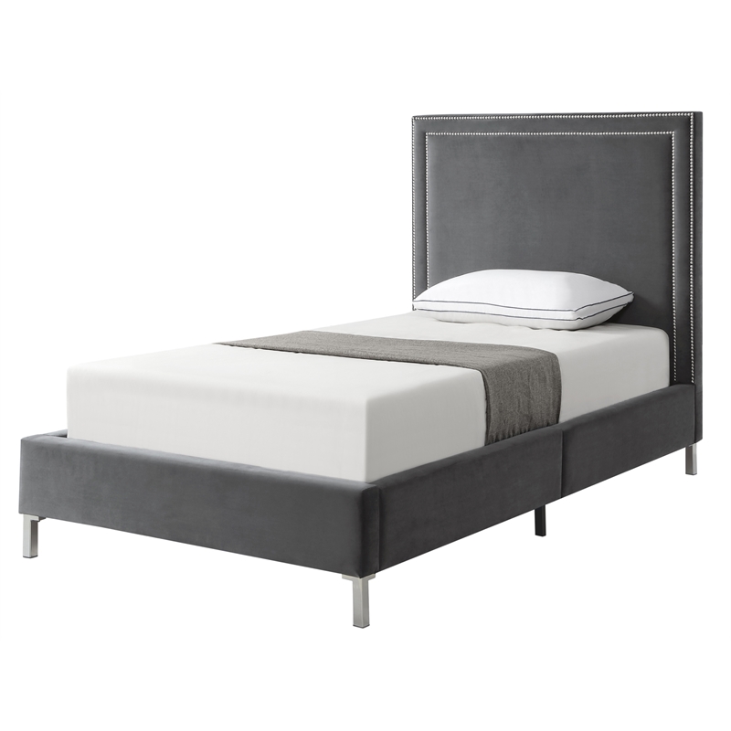 Tristan Beds Gray Velvet Twin Nailhead Trim