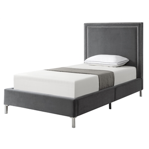 Tristan Beds Gray Velvet Twin Nailhead Trim