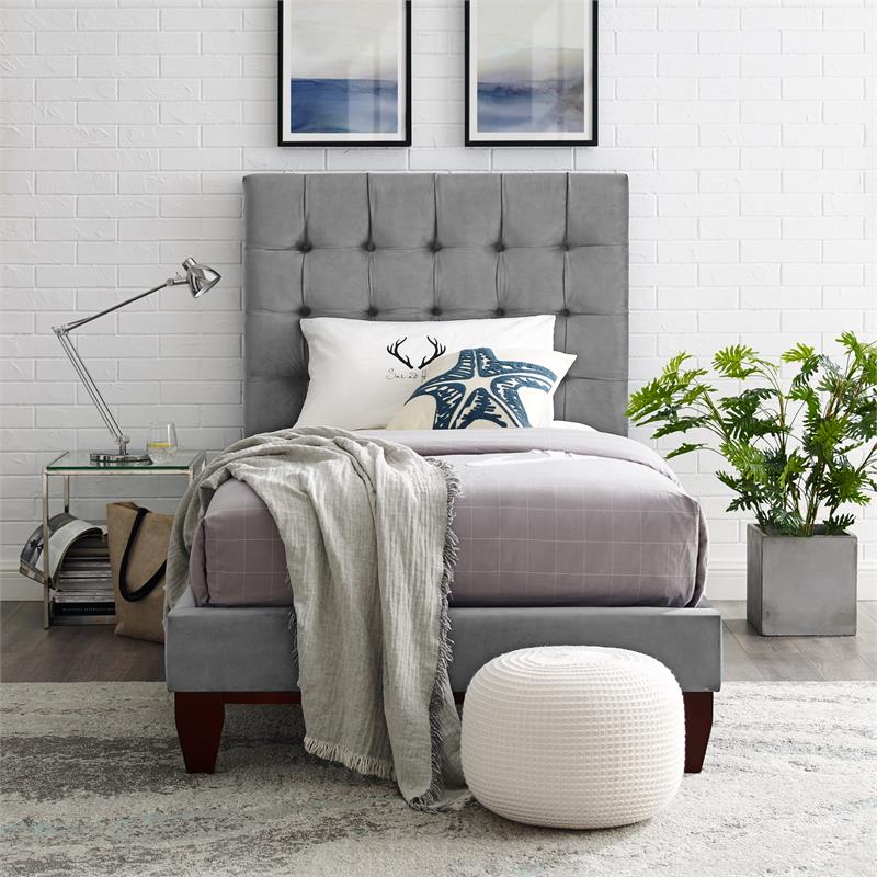 Blake Beds Gray Velvet Twin Button Tufted