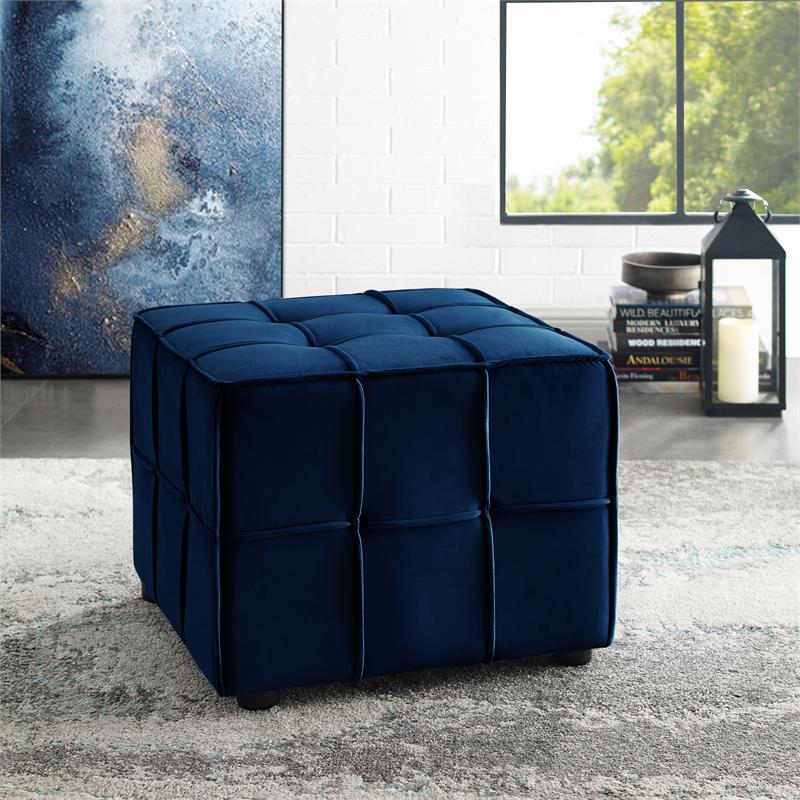 Gannon Tufted Cube Ottomans Navy Blue Velvet  Upholstered Piping Trim