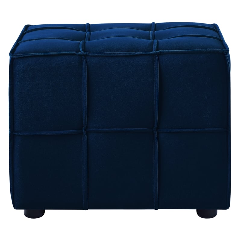 Gannon Tufted Cube Ottomans Navy Blue Velvet  Upholstered Piping Trim