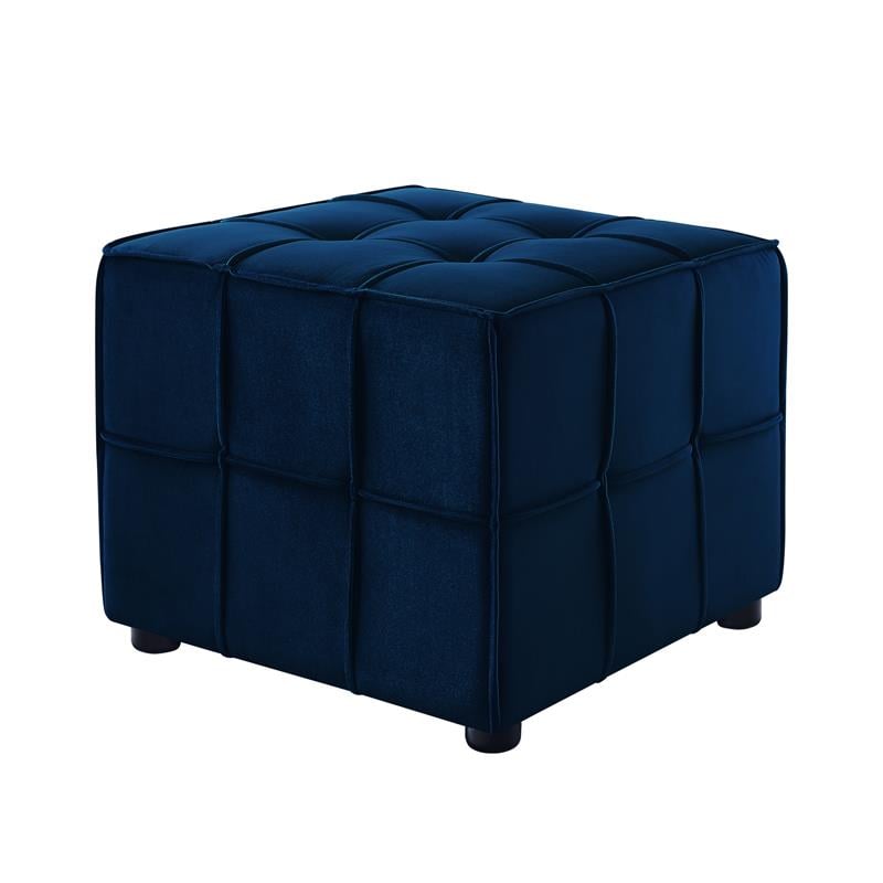 Gannon Tufted Cube Ottomans Navy Blue Velvet  Upholstered Piping Trim