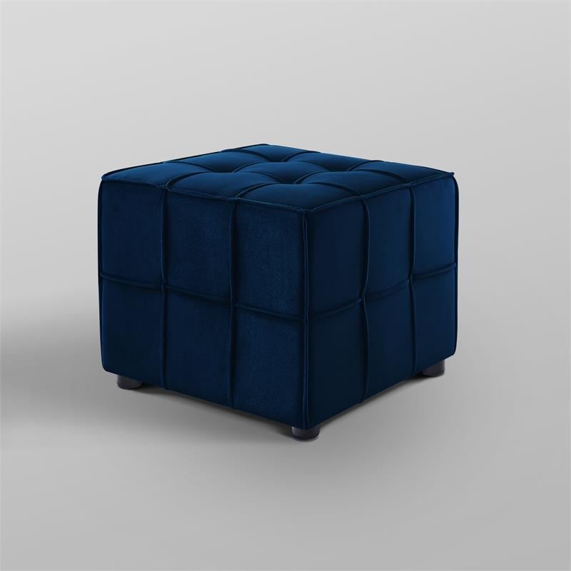 Gannon Tufted Cube Ottomans Navy Blue Velvet  Upholstered Piping Trim