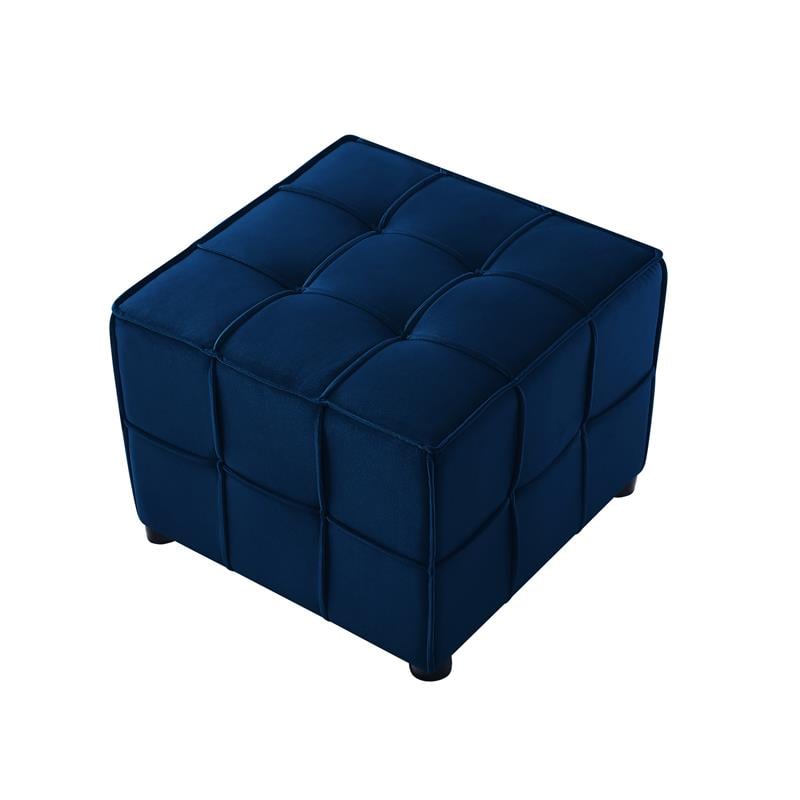 Gannon Tufted Cube Ottomans Navy Blue Velvet  Upholstered Piping Trim