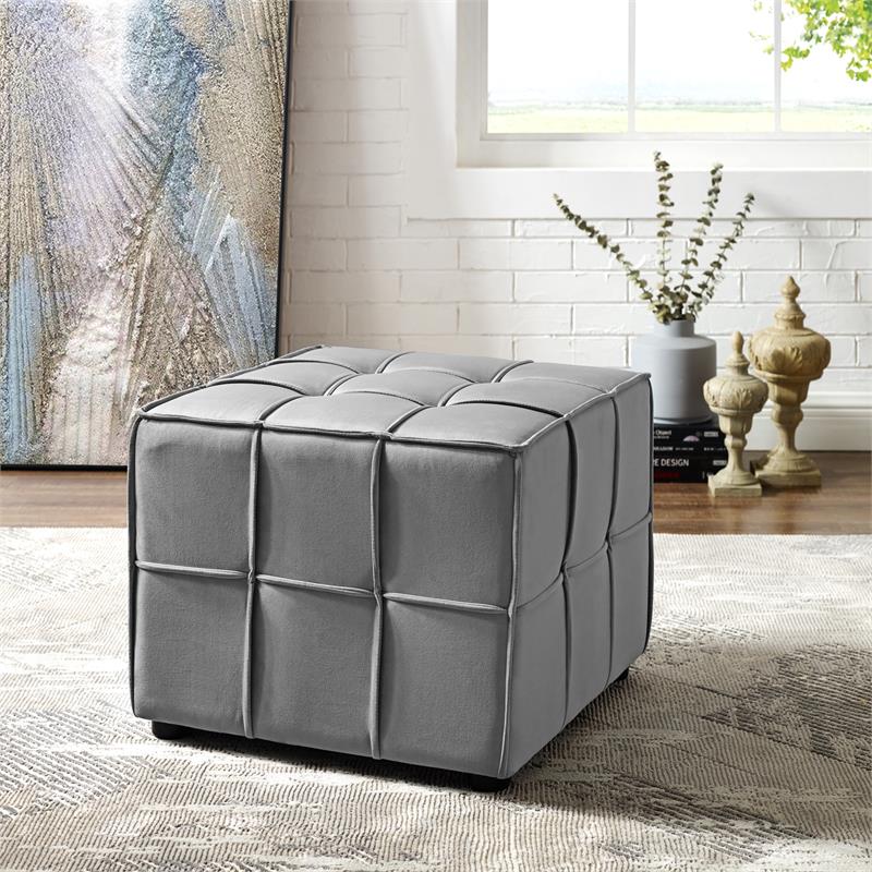 Gannon Tufted Cube Ottomans Light Grey Velvet  Upholstered Piping Trim