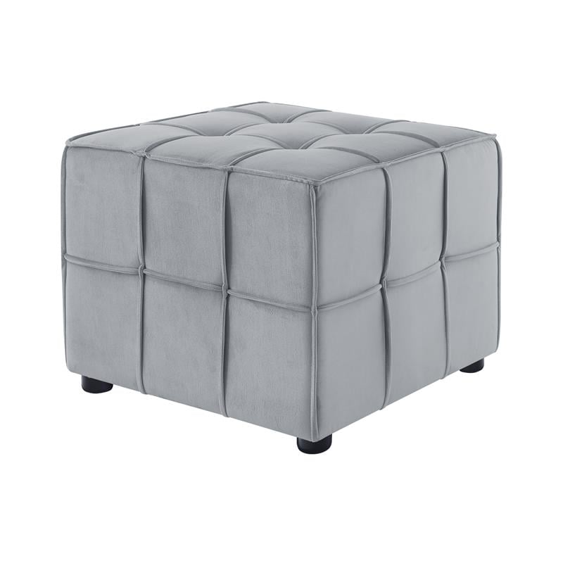 Gannon Tufted Cube Ottomans Light Grey Velvet  Upholstered Piping Trim