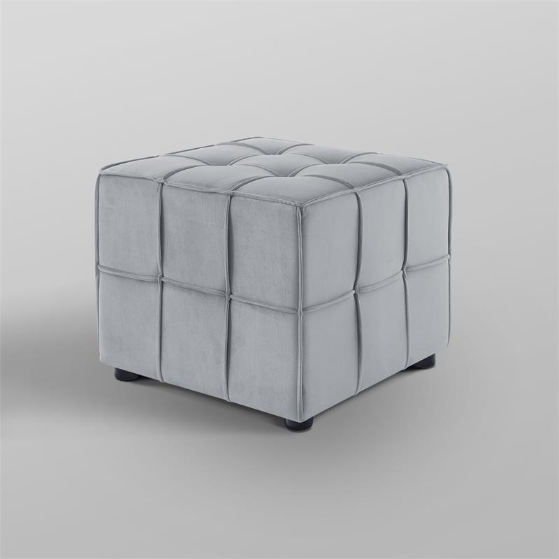 Gannon Tufted Cube Ottomans Light Grey Velvet  Upholstered Piping Trim