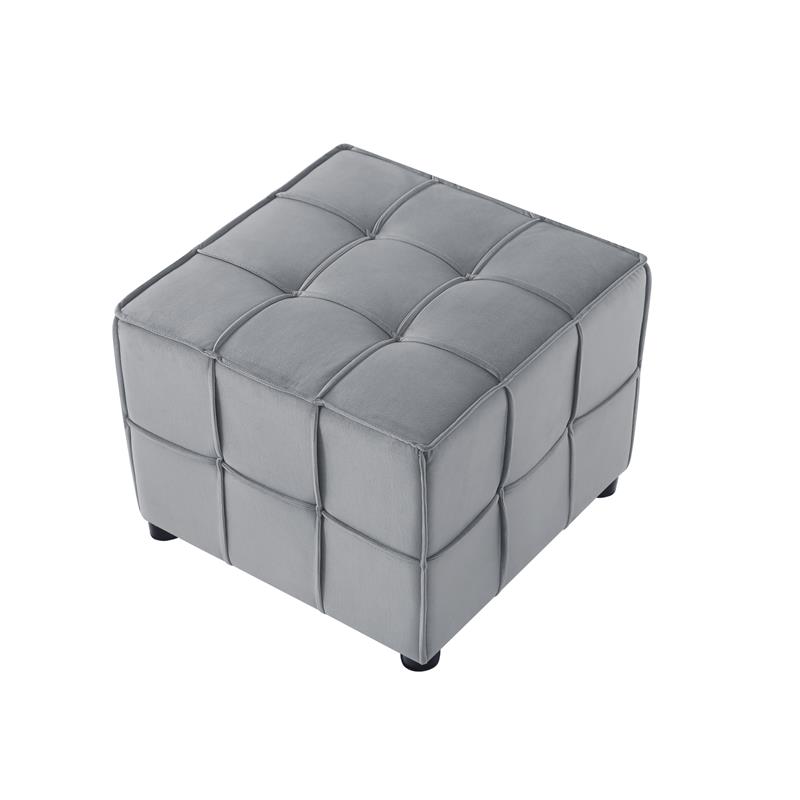 Gannon Tufted Cube Ottomans Light Grey Velvet  Upholstered Piping Trim