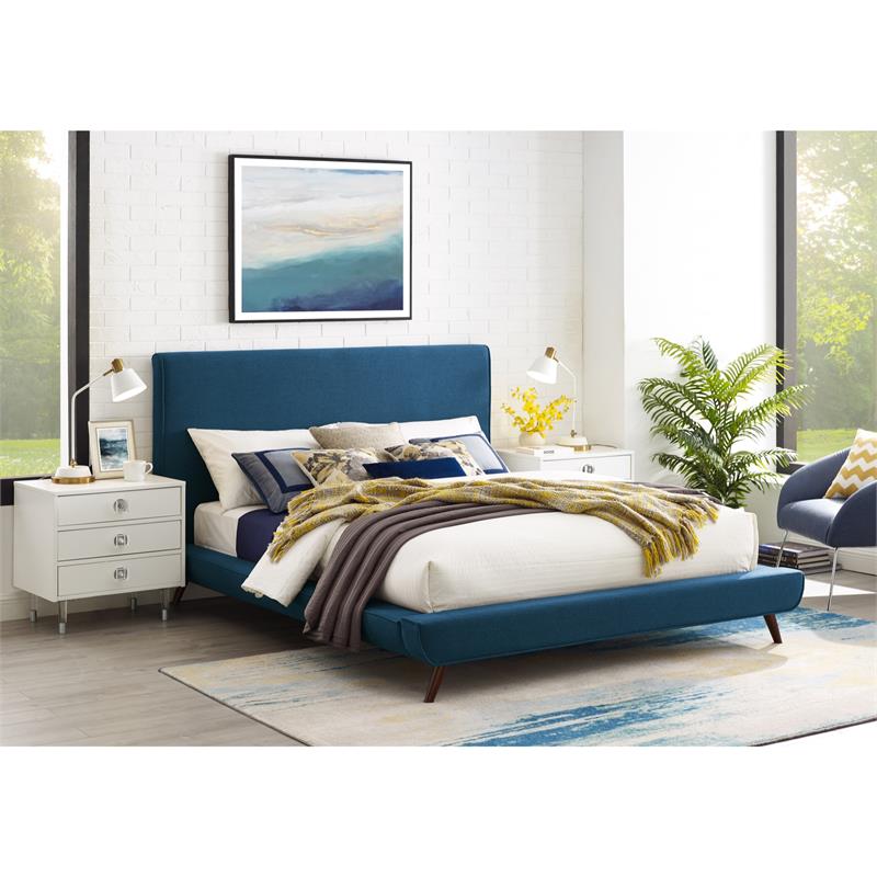 Lyle Beds Denim Linen Queen Upholstered Walnut Tapered Legs