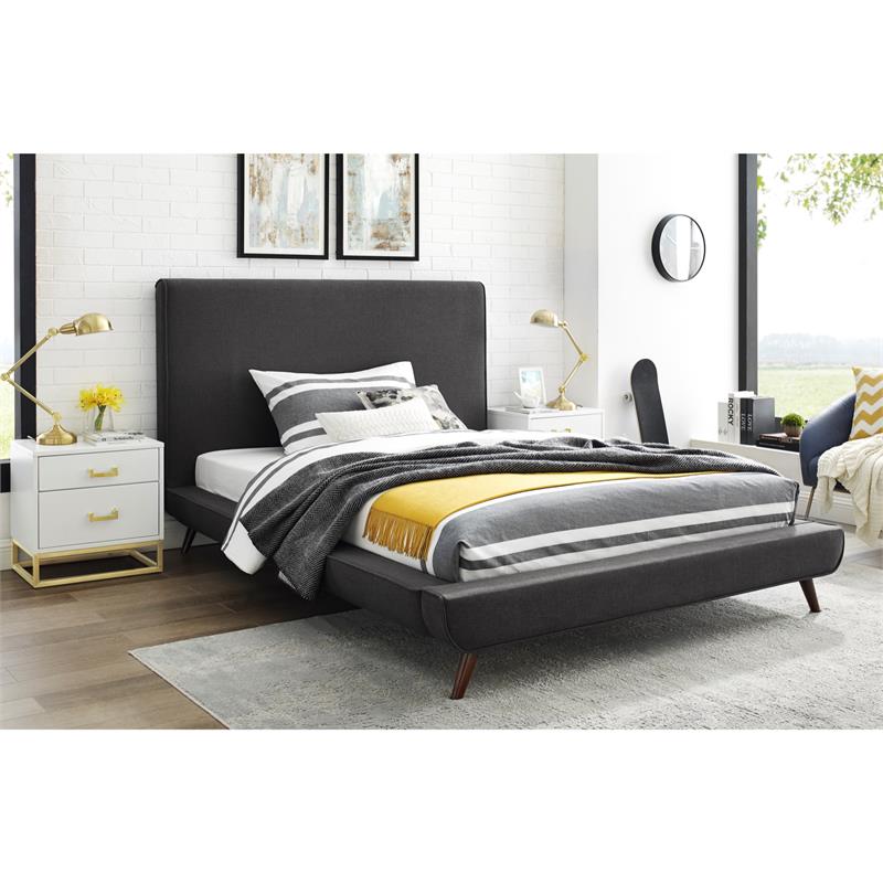 Lyle Beds Charcoal Linen Full Upholstered Walnut Tapered Legs