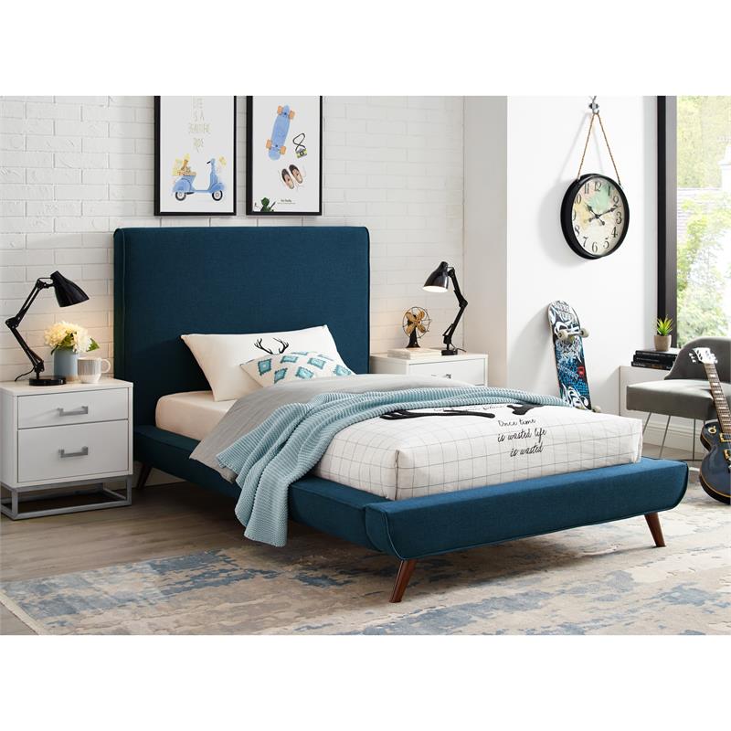 Lyle Beds Denim Blue Linen Twin Upholstered Walnut Tapered Legs
