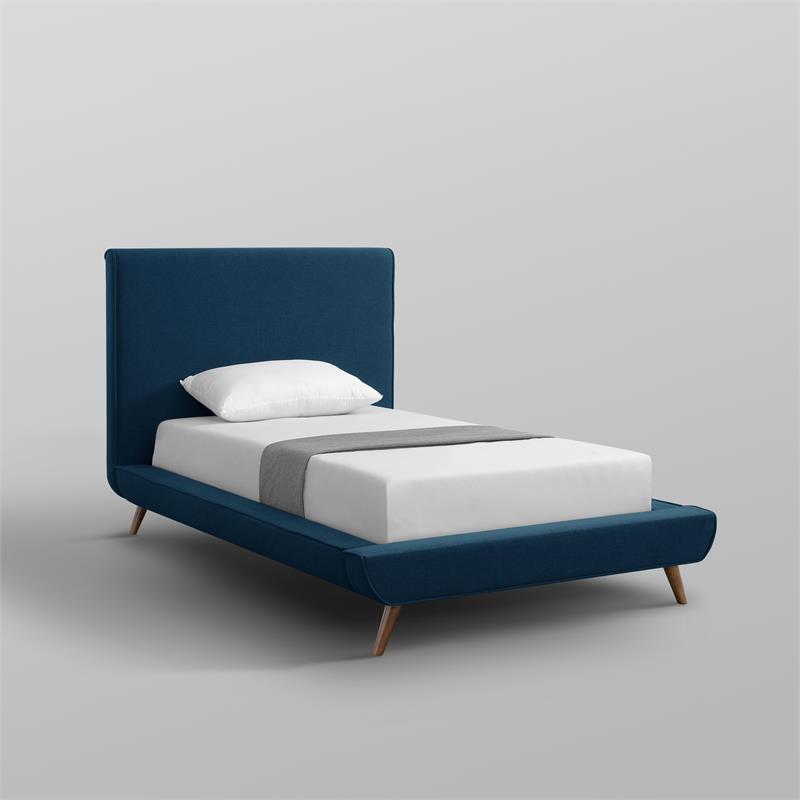 Lyle Beds Denim Blue Linen Twin Upholstered Walnut Tapered Legs