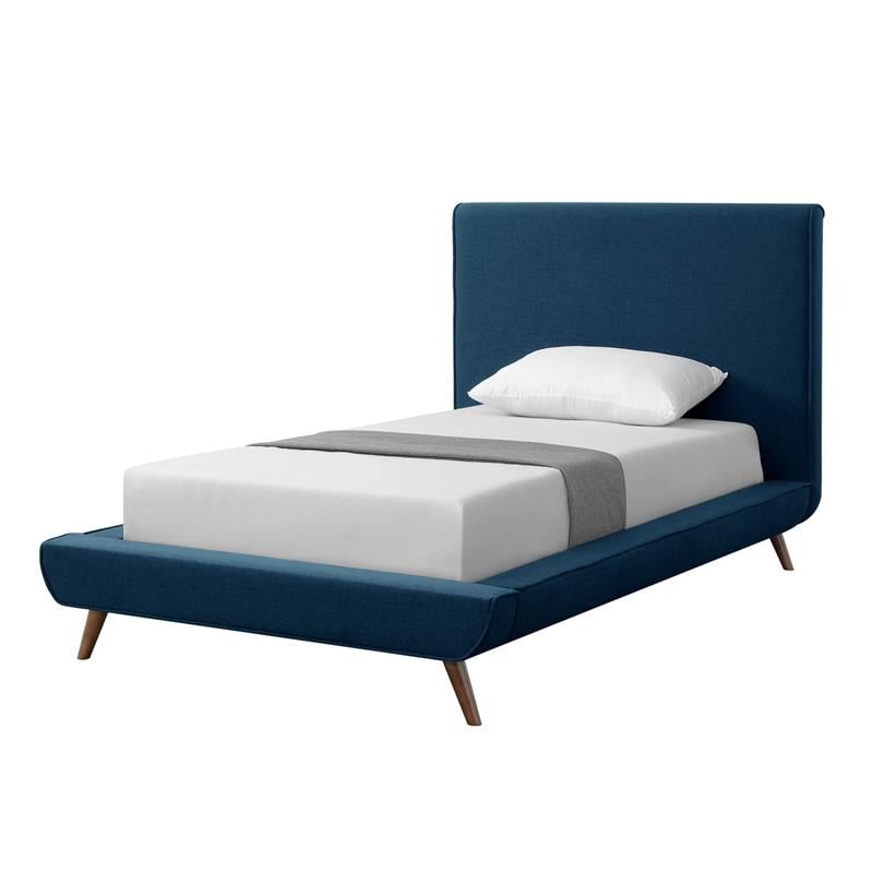 Lyle Beds Denim Blue Linen Twin Upholstered Walnut Tapered Legs