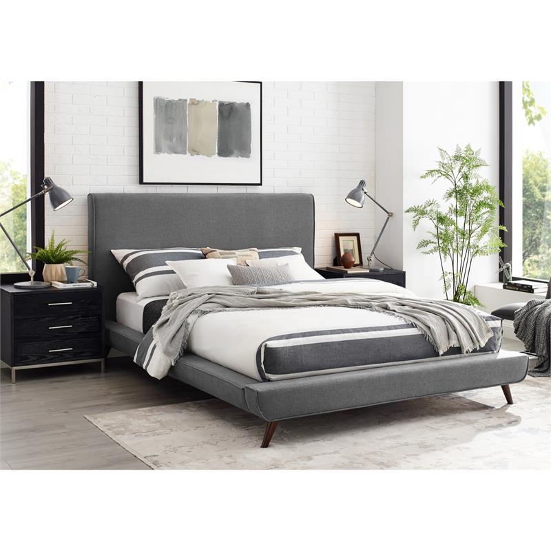 Lyle Beds Grey Linen King Upholstered Walnut Tapered Legs