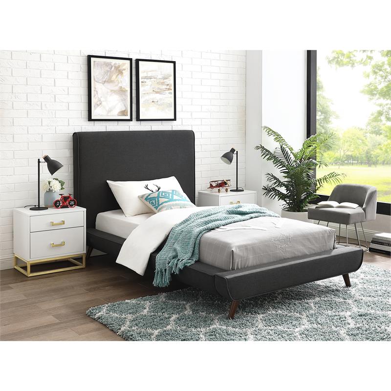 Lyle Beds Charcoal Linen Twin Upholstered Walnut Tapered Legs