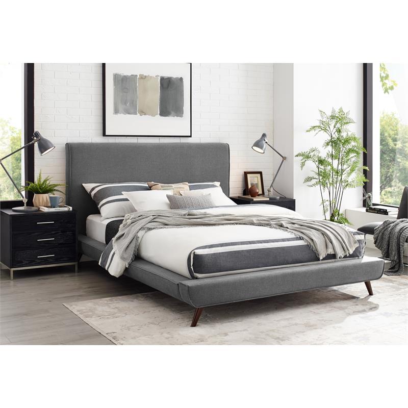Lyle Beds Grey Linen Queen Upholstered Walnut Tapered Legs
