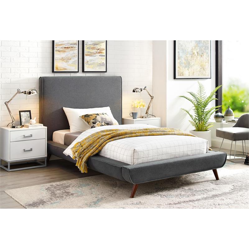 Lyle Beds Grey Linen Twin Upholstered Walnut Tapered Legs