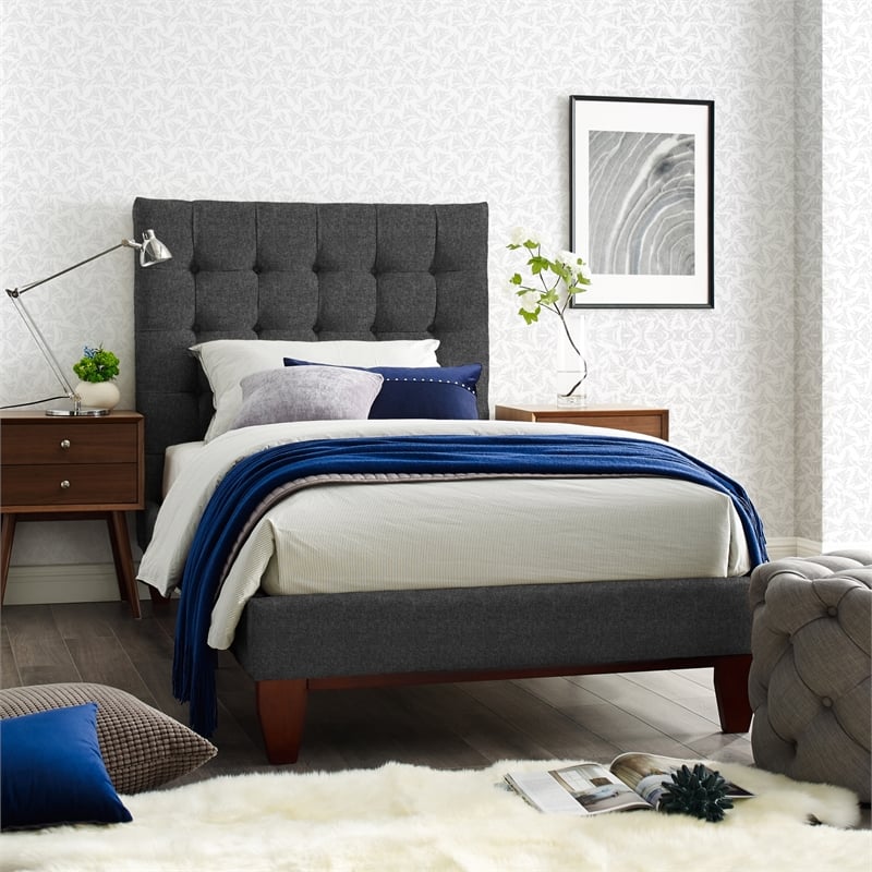 Blake Beds Light Gray Linen Full Button Tufted