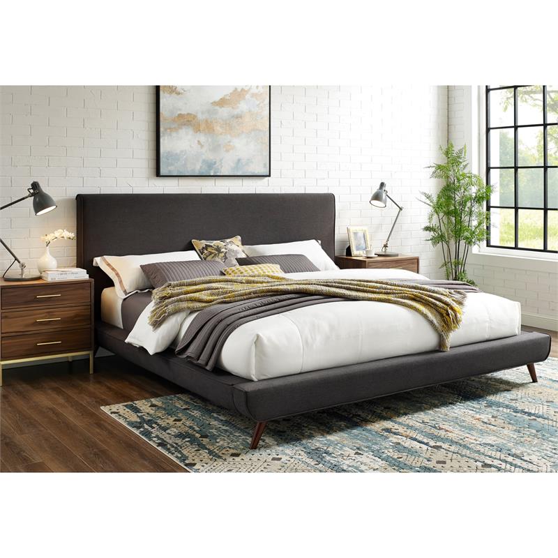 Lyle Beds Charcoal Linen King Upholstered Walnut Tapered Legs