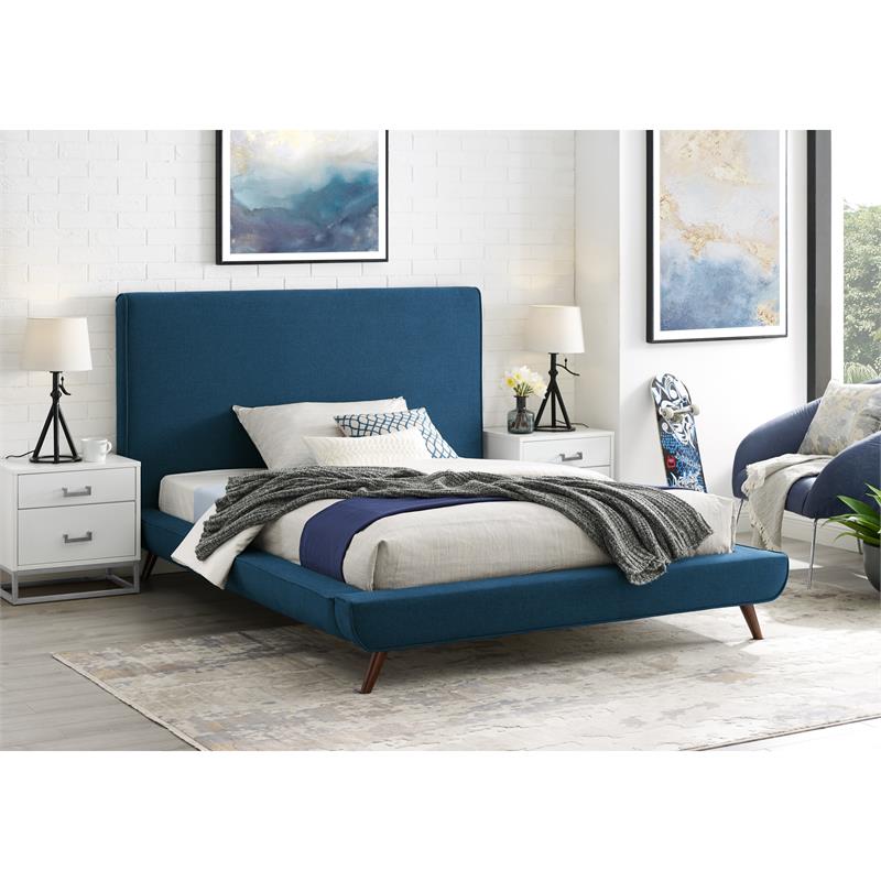 Lyle Beds Denim Linen Full Upholstered Walnut Tapered Legs