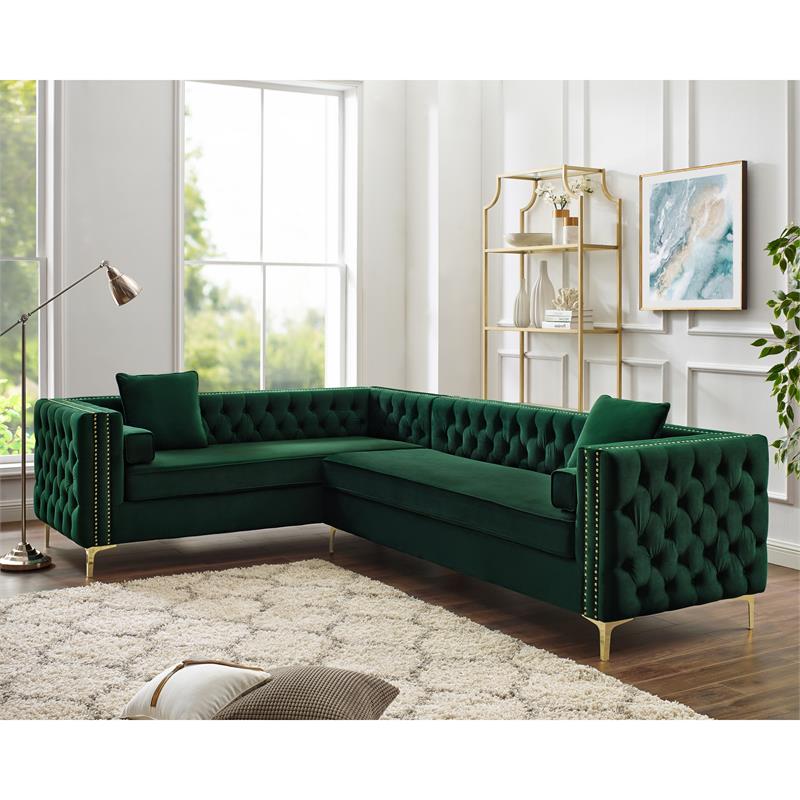 Levi Sofas Hunter Green Velvet Gold Nailhead Trim Button Tufted