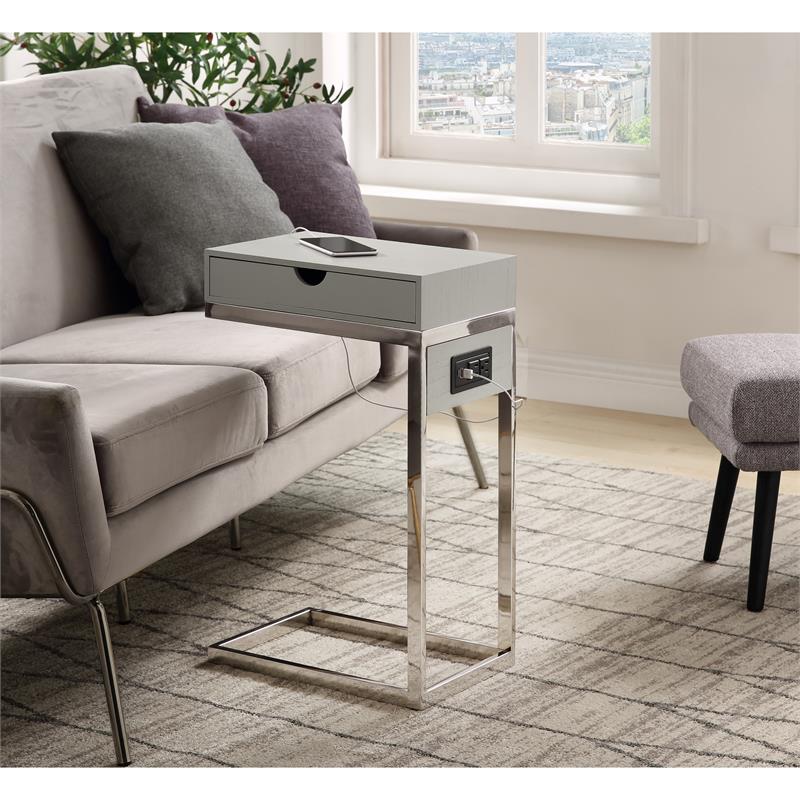 Phoenix End Tables Grey And Chrome 2 USB Charging Ports 2 Outlets Power Plug