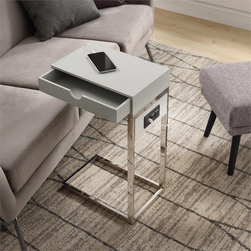Phoenix End Tables Grey And Chrome 2 USB Charging Ports 2 Outlets Power Plug