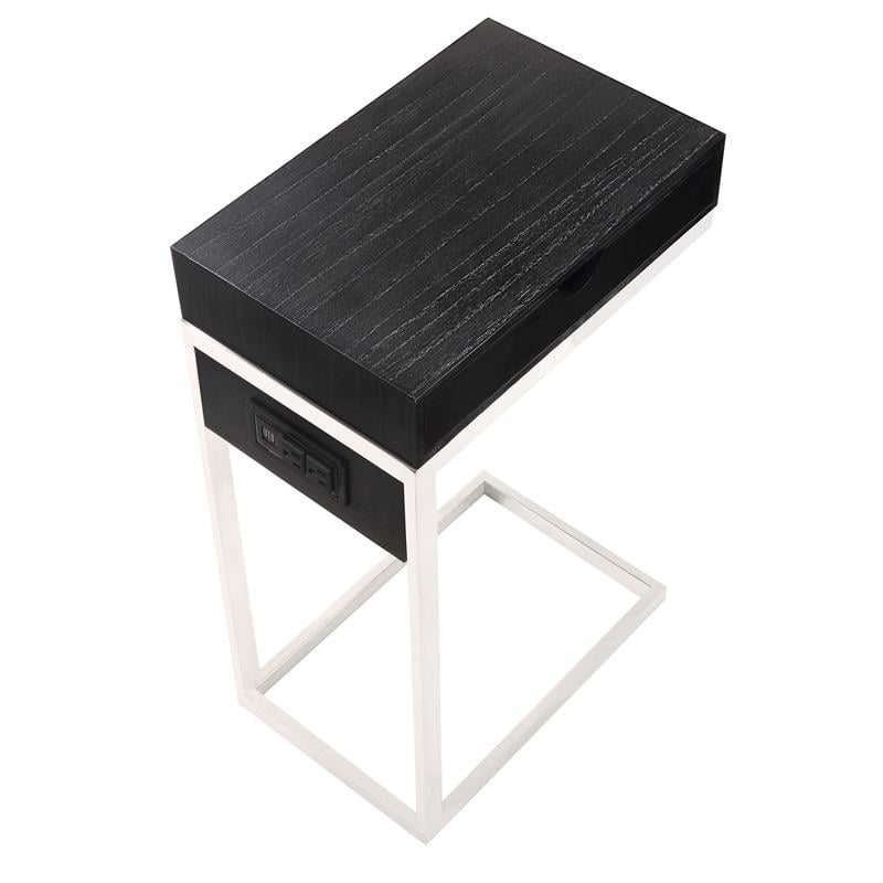 Phoenix End Tables Black And Chrome 2 USB Charging Ports 2 Outlets Power Plug