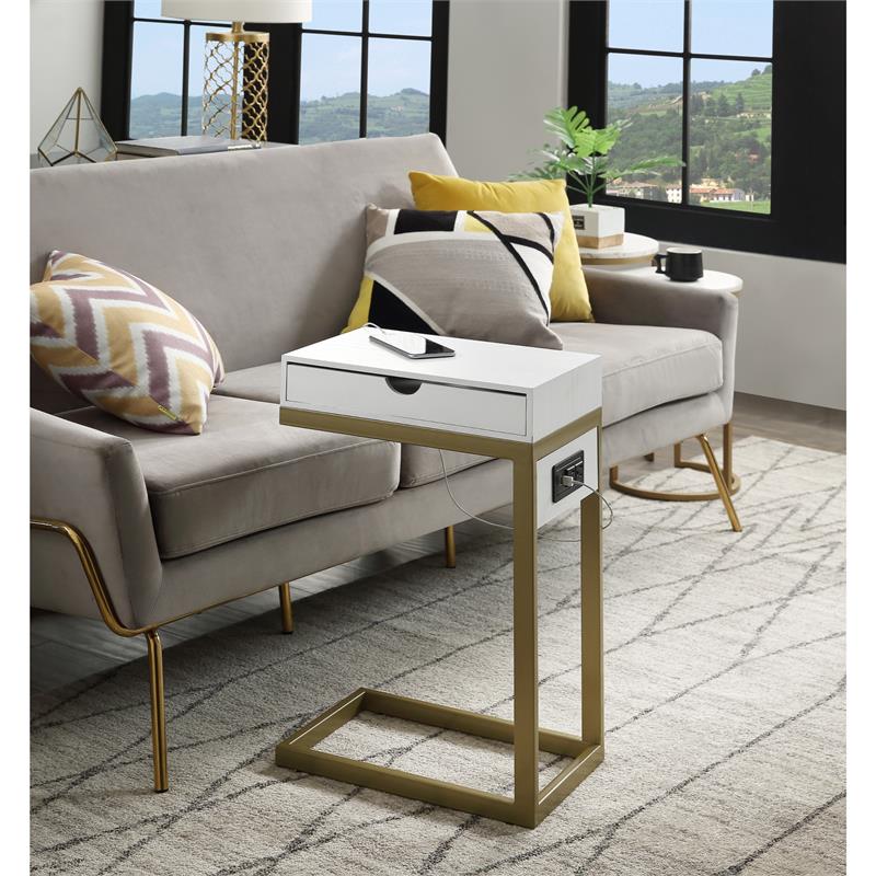 Phoenix End Tables White And Gold 2 USB Charging Ports 2 Outlets Power Plug