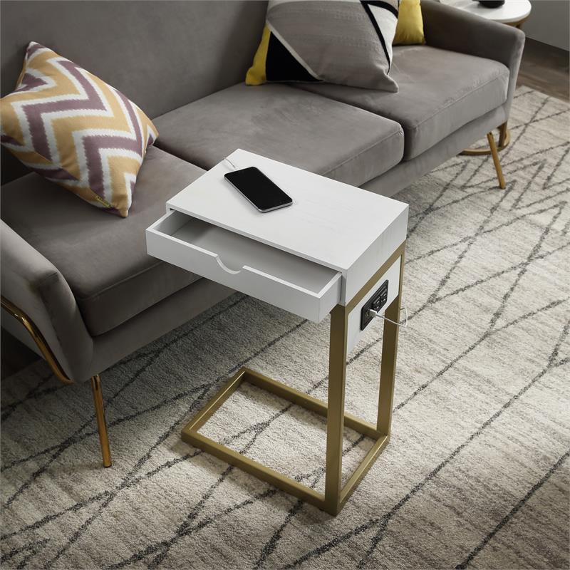 Phoenix End Tables White And Gold 2 USB Charging Ports 2 Outlets Power Plug