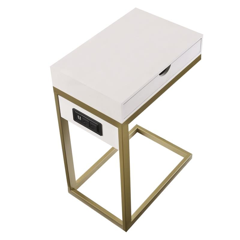 Phoenix End Tables White And Gold 2 USB Charging Ports 2 Outlets Power Plug