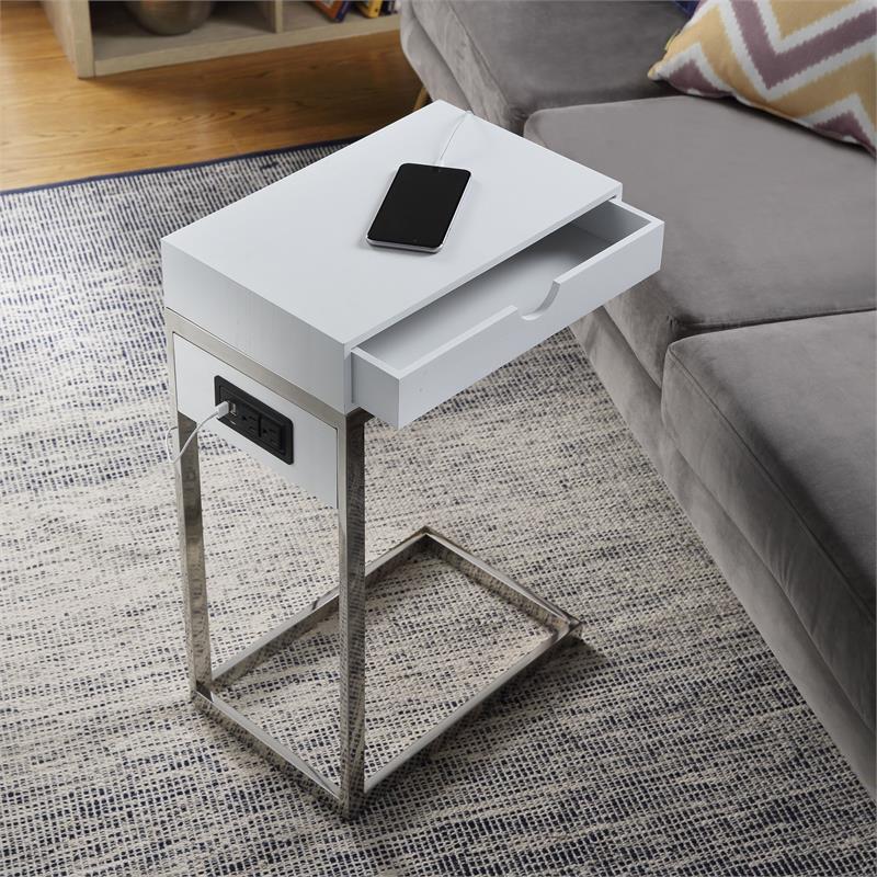 Phoenix End Tables White And Chrome 2 USB Charging Ports 2 Outlets Power Plug