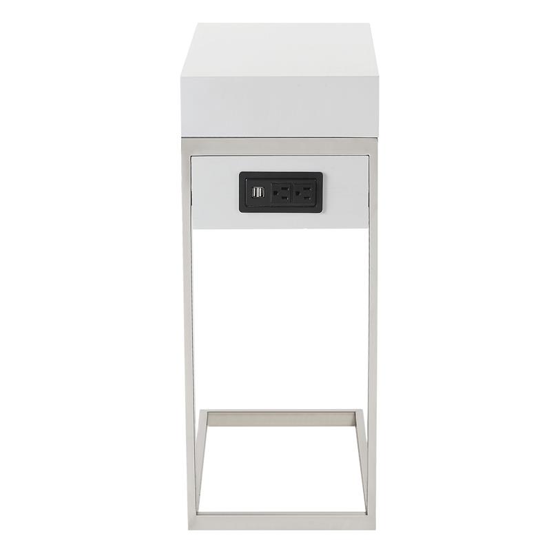 Phoenix End Tables White And Chrome 2 USB Charging Ports 2 Outlets Power Plug