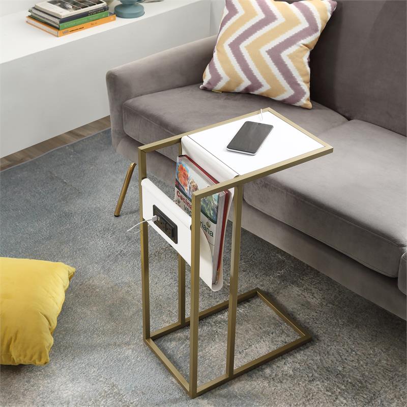 Axl End Tables White And Gold 2 USB Charging Ports 2 Outlets Power Plug