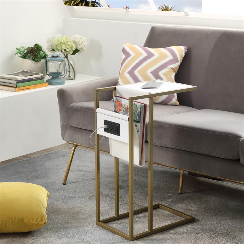 Axl End Tables White And Gold 2 USB Charging Ports 2 Outlets Power Plug