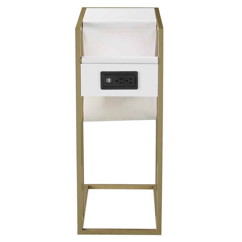 Axl End Tables White And Gold 2 USB Charging Ports 2 Outlets Power Plug