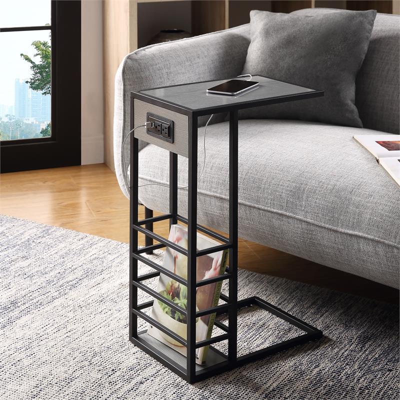 Arian End Tables Grey And Black Magazine Holder 2 USB Charging Ports