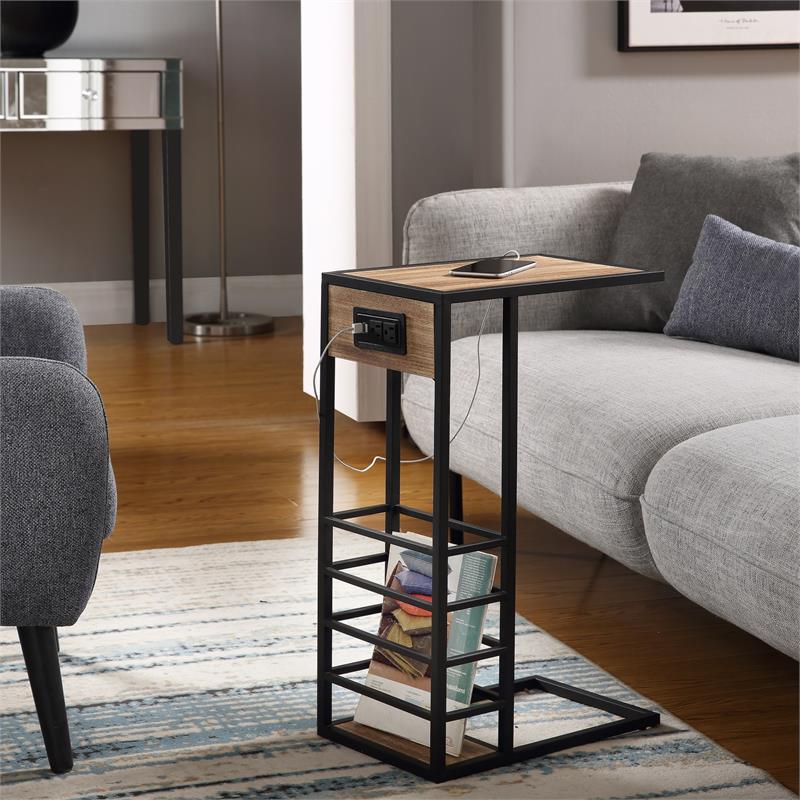 Arian End Tables Brown And Black Magazine Holder 2 USB Charging Ports