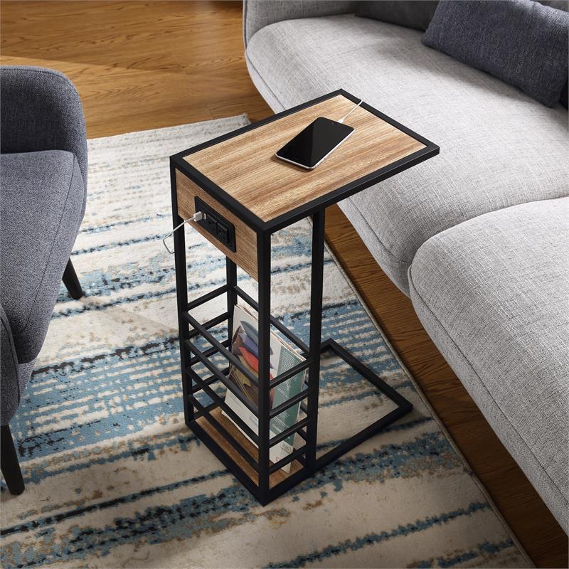 Arian End Tables Brown And Black Magazine Holder 2 USB Charging Ports